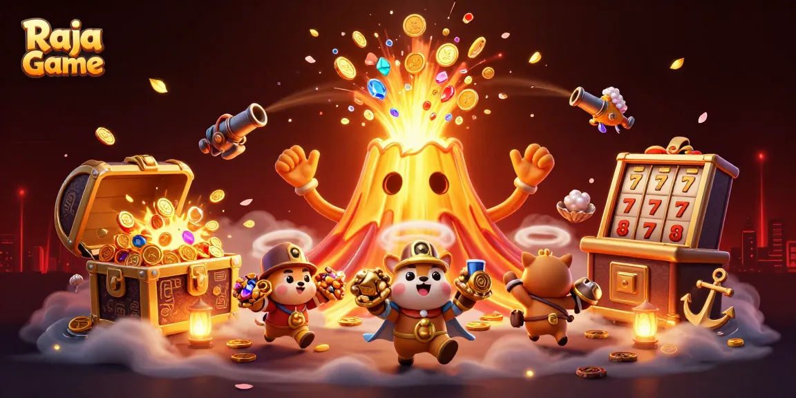 Raja Game showcases a thrilling illustration of a golden volcano erupting treasures amidst slot machines and adventure.