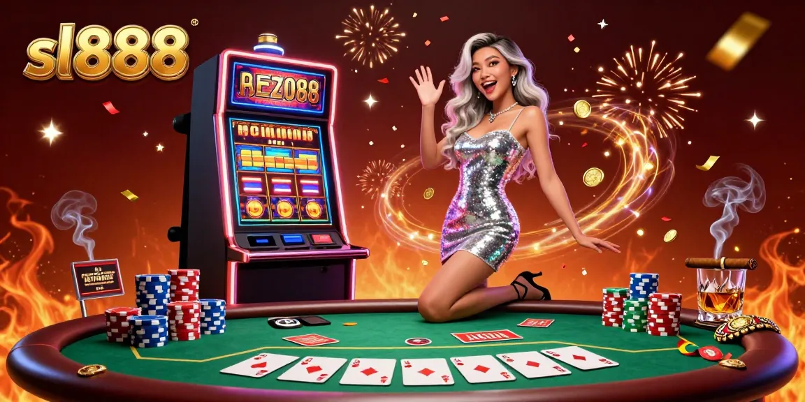 Win big with sl888 as golden coins erupt from a jackpot-winning slot machine in a festive casino scene.