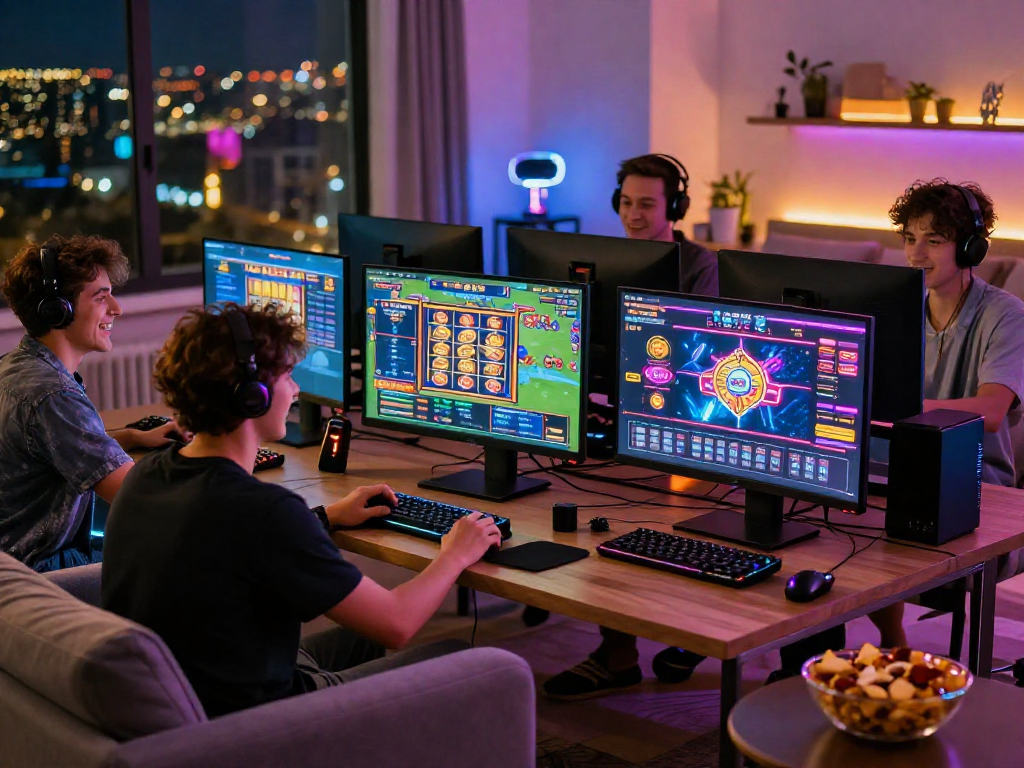 Engaging online gaming session with friends enjoying link alternatif raja328 in a cozy living room setup.