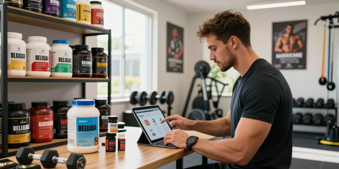 Beligas Shop featuring a fitness enthusiast browsing supplements in a vibrant home gym.