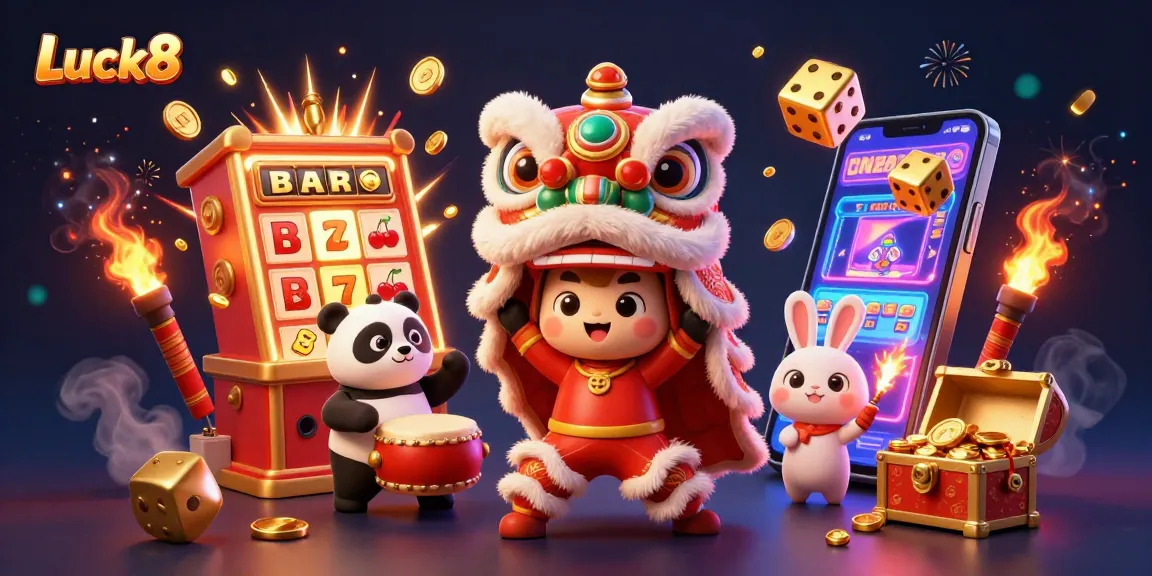 Experience thrilling wins at Luck8 with colorful casino games and celebratory festive characters.