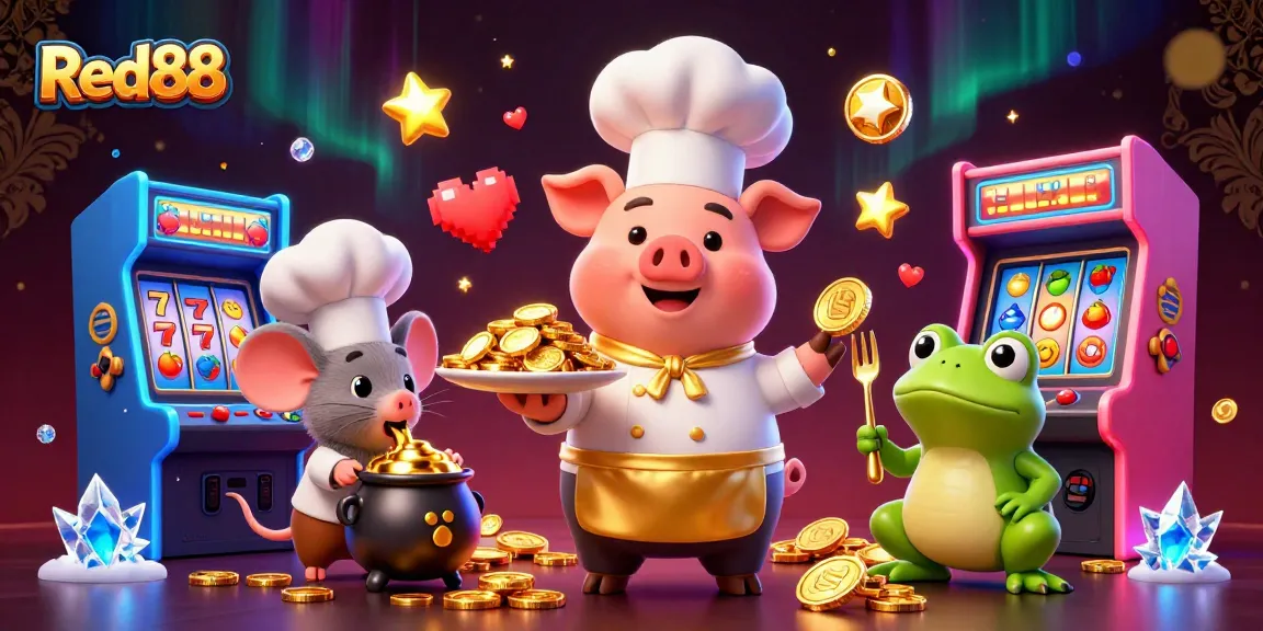 Red88 chefs serving gold coins in a lively casino scene with arcade games.