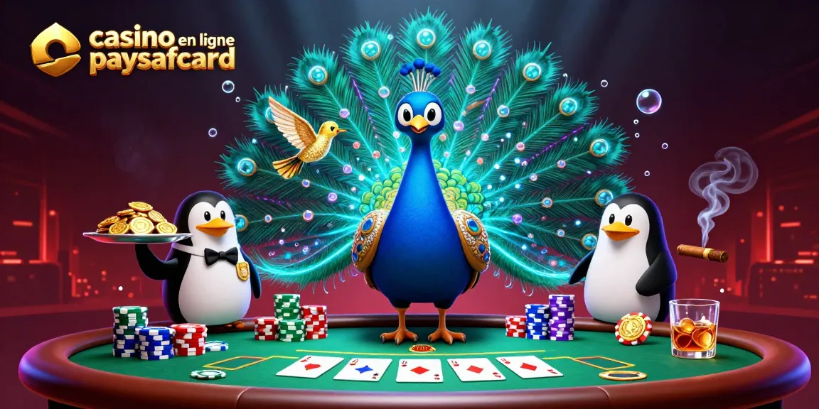 Visuel dynamique d'un casino en ligne paysafecard animé avec un paon, un pingouin et un colibri.
