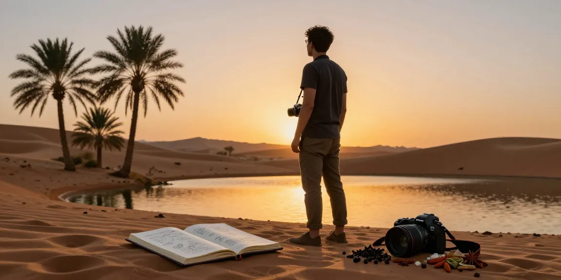 Traveler exploring a scenic desert oasis at sunset, reflecting on unique slot adventures.