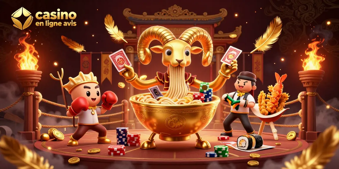 Casino en ligne avis : scène dynamique avec des personnages de casino en 3D et effets de jeu.