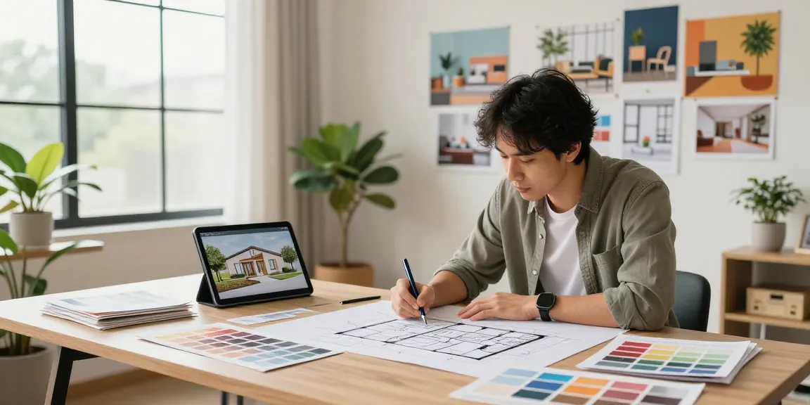 Creative architect sketching floor plans for ออกแบบบ้าน in a bright modern studio with design materials and vibrant mood boards.
