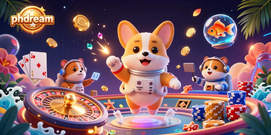 Experience thrill at Phdream with a 3D astronaut corgi and floating casino elements.