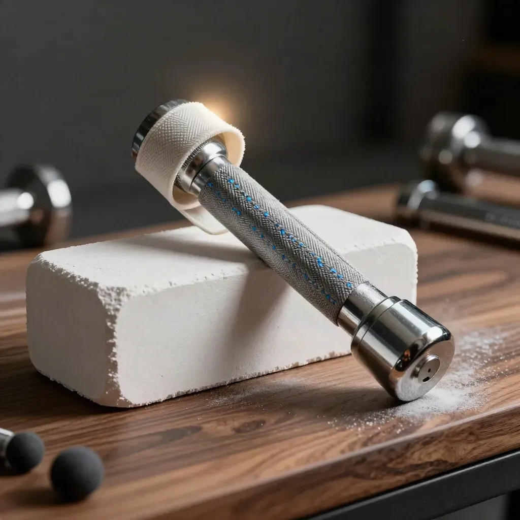 Chalk block and curling straps around a diagonal dumbbell handle on a walnut gym platform.