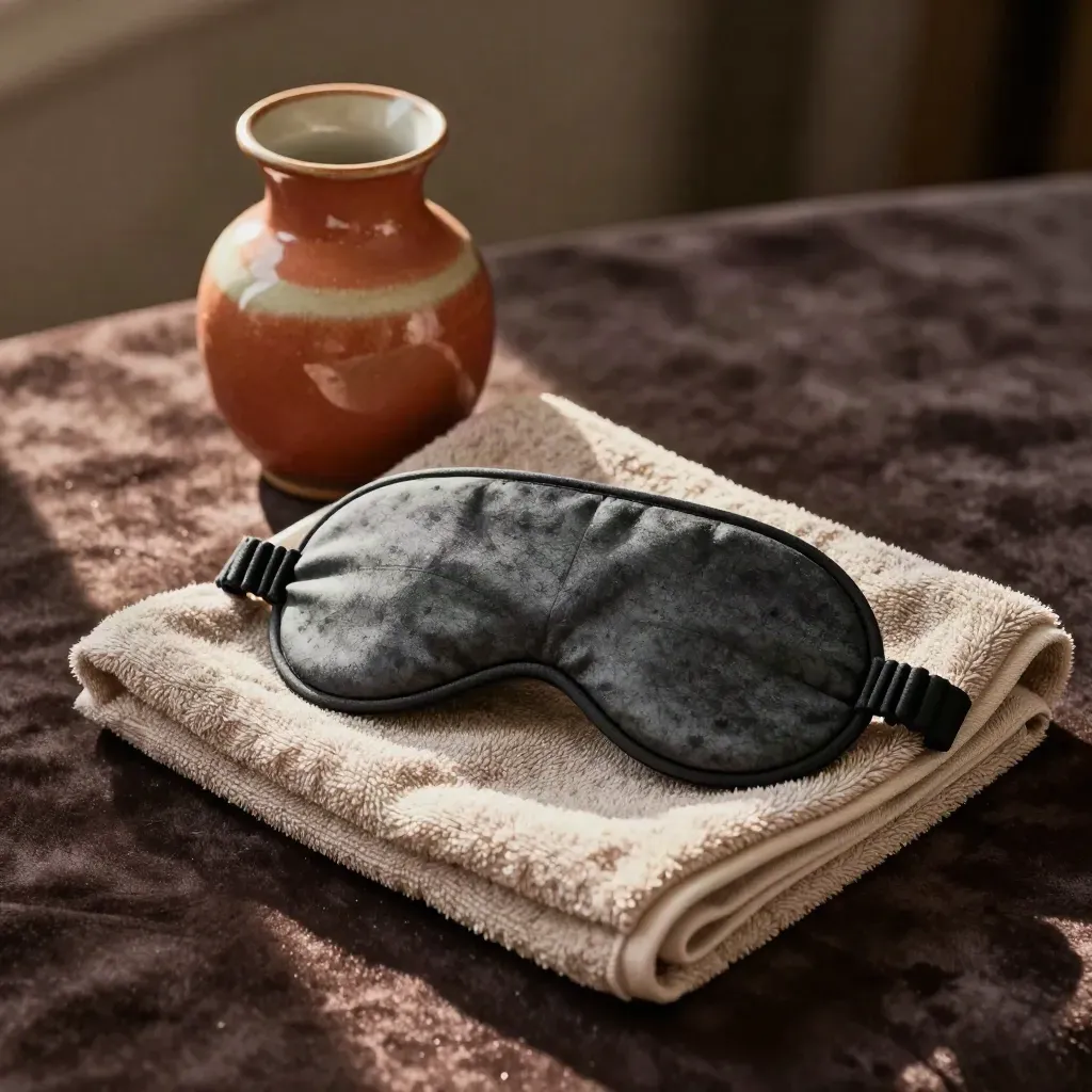 Sleep mask, ceramic carafe, and folded recovery towel on dark velvet