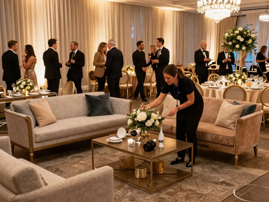 Event furniture rental setup with stylish chairs and tables for a wedding event