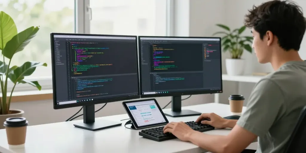 Developer coding on dual monitors in a vibrant workspace at h5.2113.net
