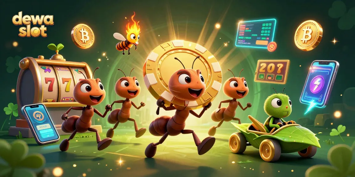 Spin the reels of dewa slot as ants carry a giant poker chip in a vibrant heist scene.