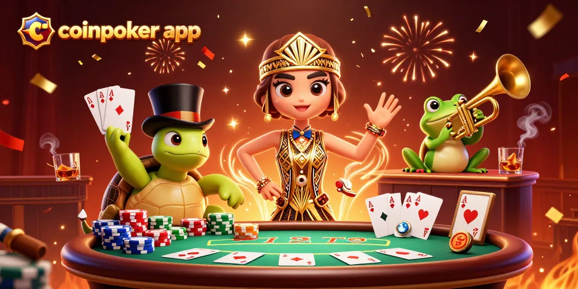 Gioca con la coinpoker app in un vivace ambiente di poker, circondato da personaggi animati e carte da gioco.