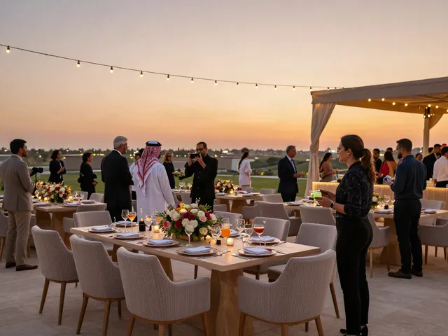 Event furniture rental setup for an elegant outdoor gala in Saudi Arabia, featuring stylish tables, chairs, and decor.