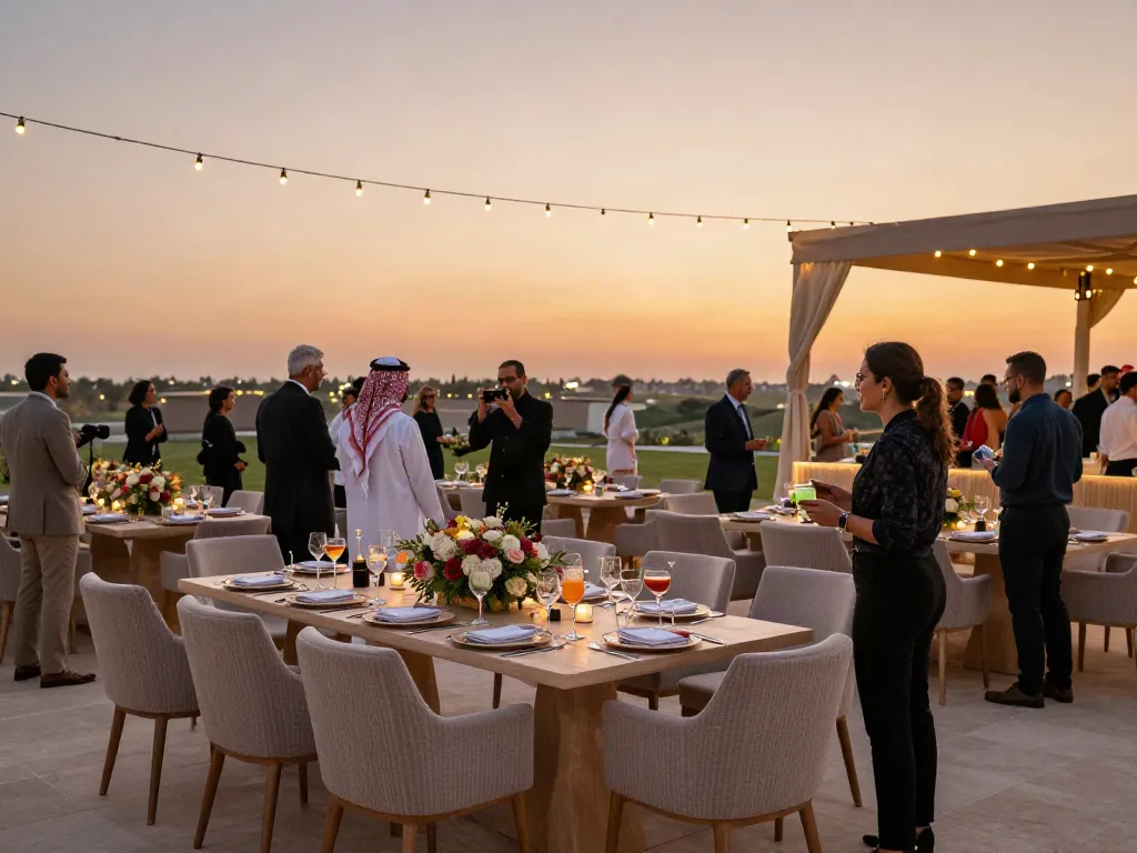 Event furniture rental setup for an elegant outdoor gala in Saudi Arabia, featuring stylish tables, chairs, and decor.