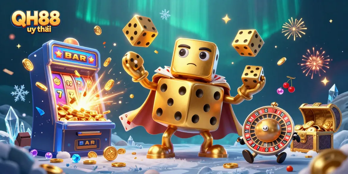 Engage with QH88 uy tín's thrilling casino experience featuring a lively golden dice golem and jackpot excitement.