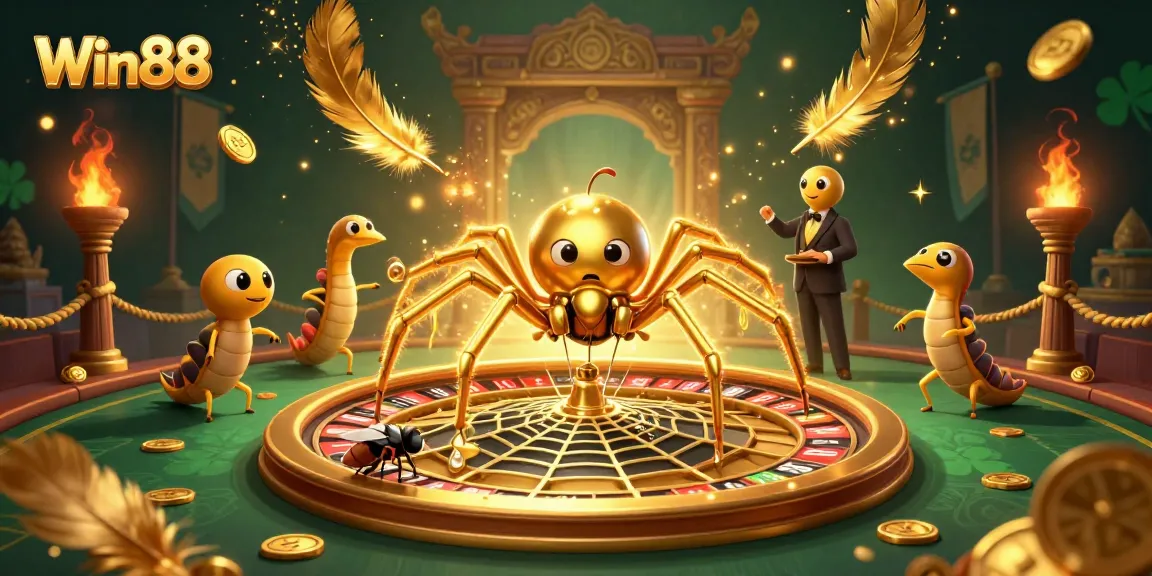 Experience the thrill of Win88 with a golden roulette-themed scene featuring unique characters.