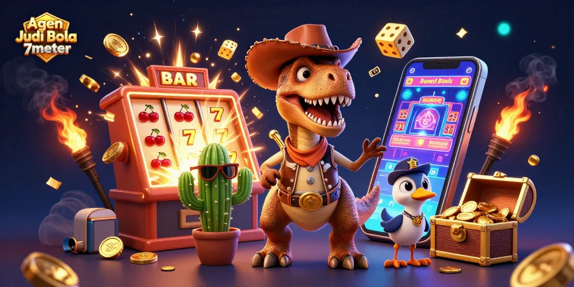 Agen Judi Bola 7meter showcases a lively illustration of a T-Rex cowboy with vibrant casino elements, highlighting excitement in sports betting.