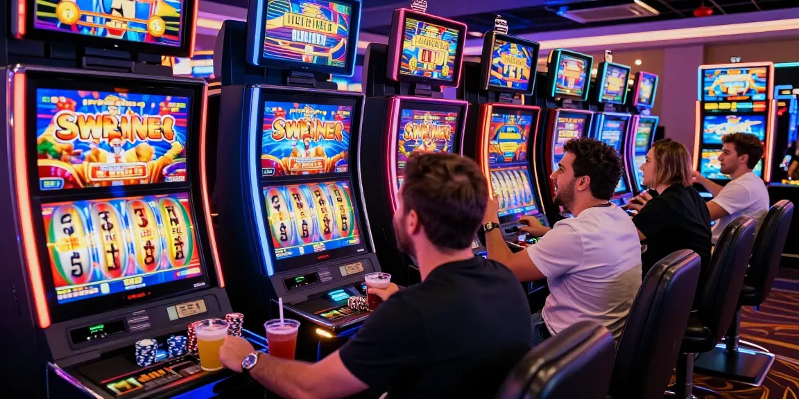 Pengalaman bermain slot gacor di kasino dengan pemain bersemangat dan mesin slot berwarna cerah.