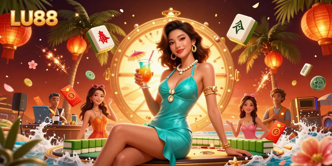 Spin and win at LU88 with a vibrant casino scene showcasing games, tropical vibes, and exciting prizes.