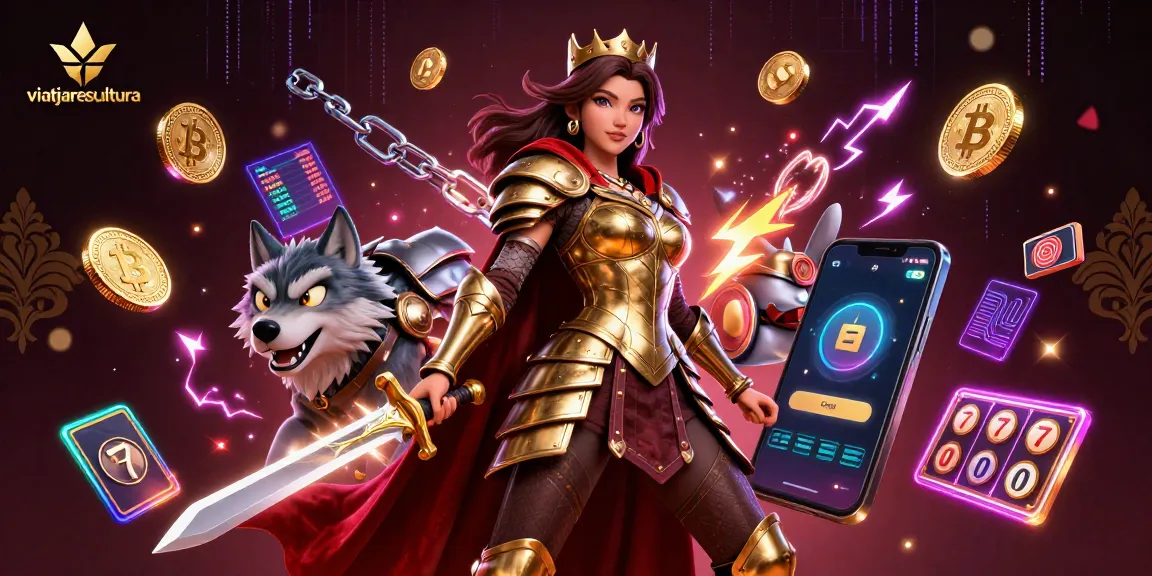 Spin jackpots with viatjarescultura's immersive gaming scene featuring a warrior queen and her wolf.