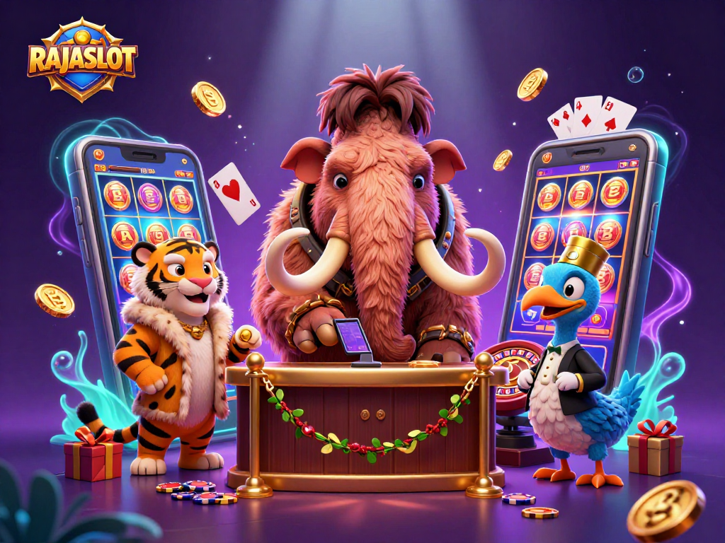 RAJASLOT menampilkan bouncer mamut berbulu memeriksa ID pengunjung VIP di kasino bertema game slot.