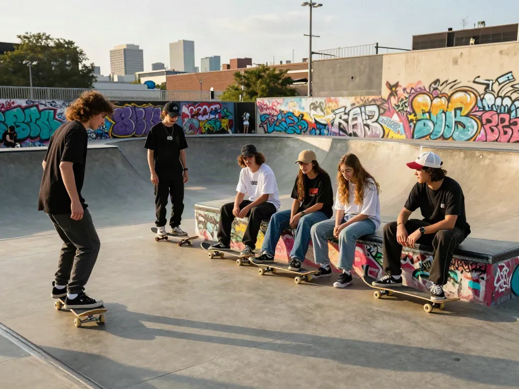 Group enjoying the vibrant skate park scene, showcasing rokok88 streetwear culture and urban creativity.