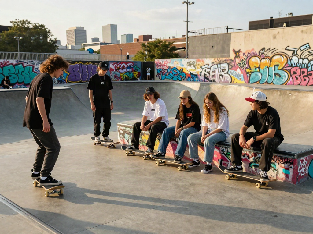 Group enjoying the vibrant skate park scene, showcasing rokok88 streetwear culture and urban creativity.