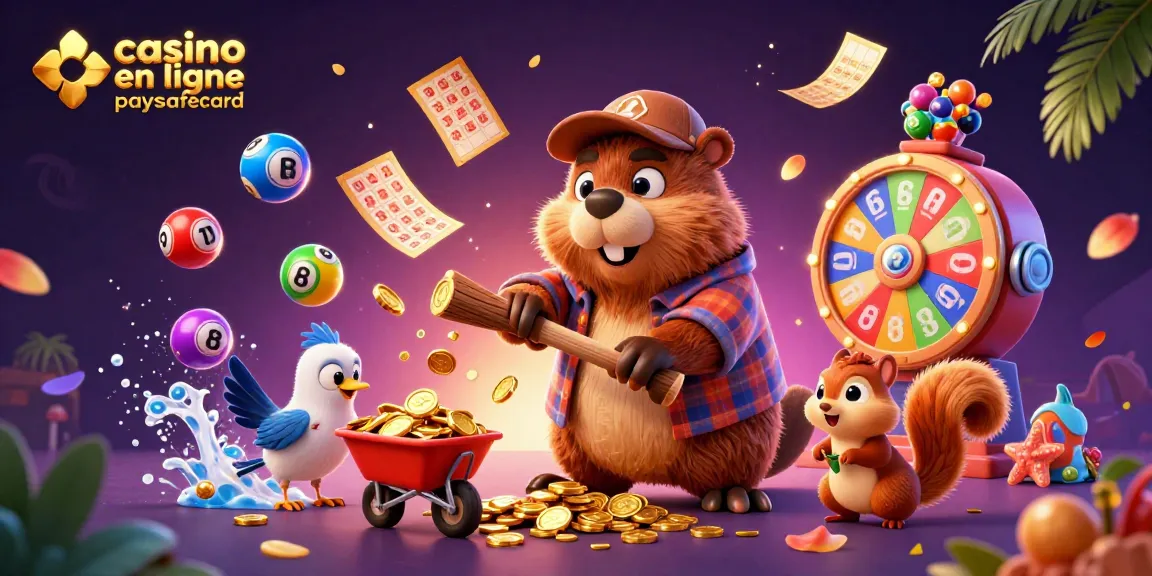 Illustration dynamique de casino en ligne paysafecard avec un castor et des éléments de loterie
