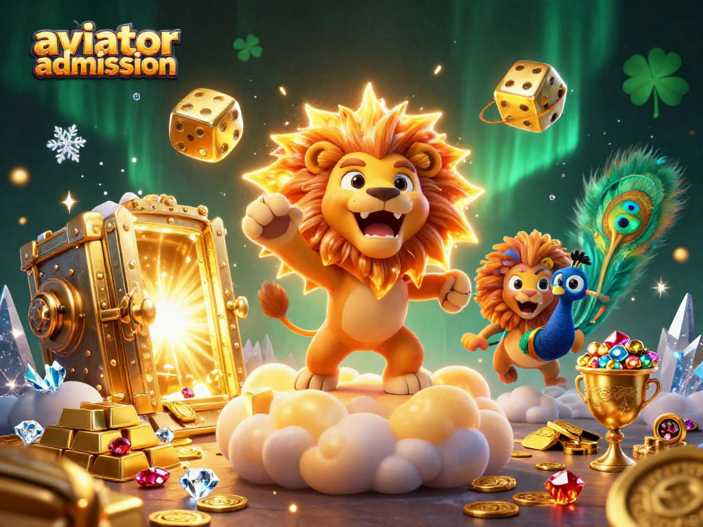 Experience the thrill of aviator admission with a vibrant 3D casino illustration featuring animated characters and rich gold treasures.