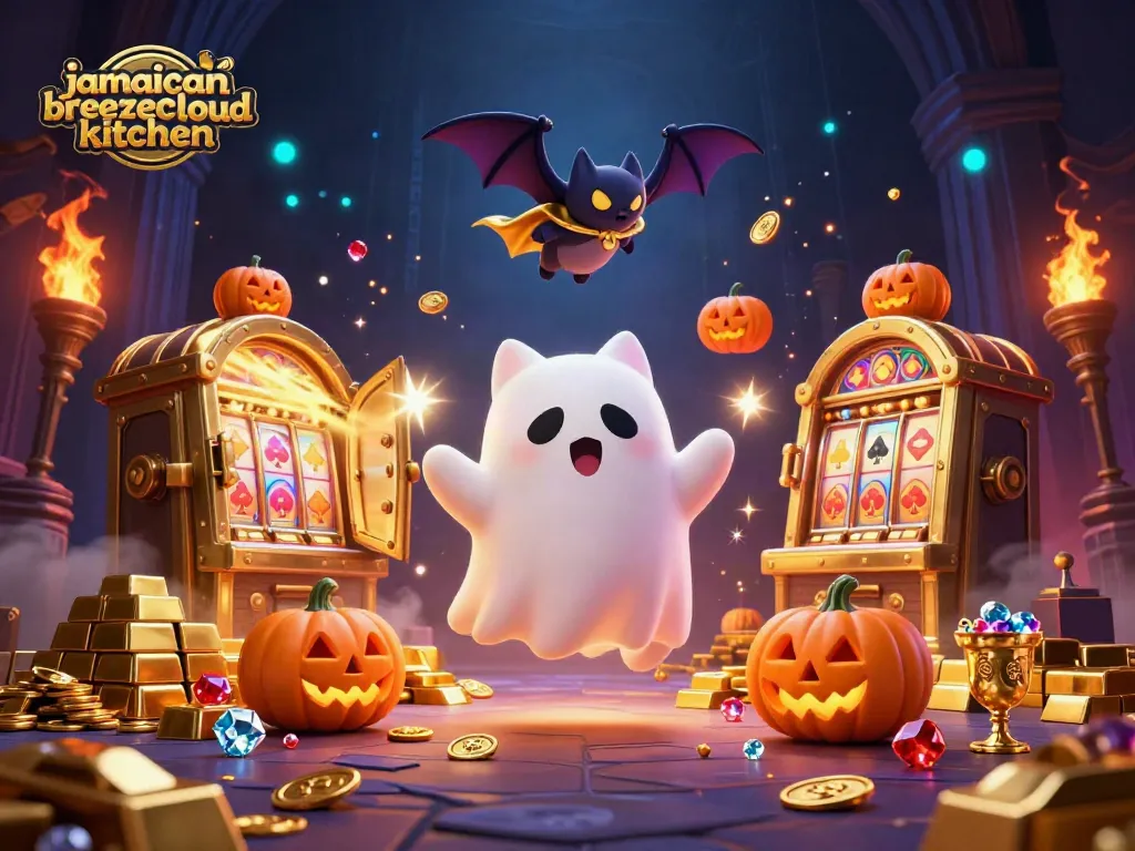 Memenangkan jackpot di jamaicanbreezecloudkitchen dengan suasana kasino bertema Halloween yang penuh warna.