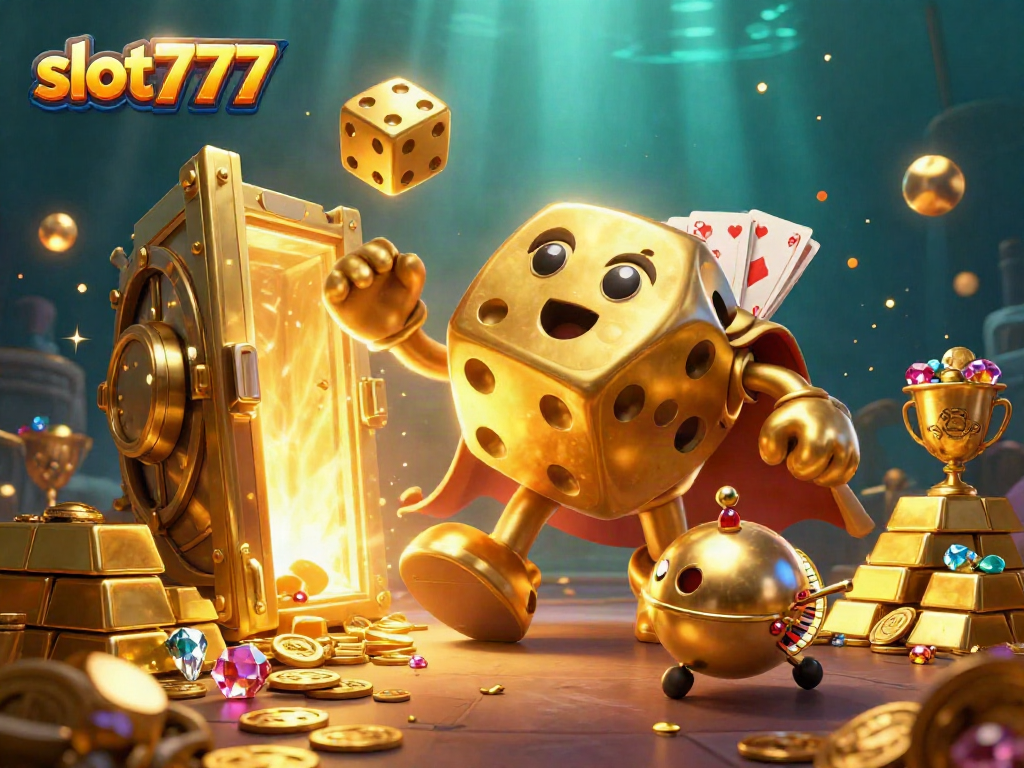 Mainkan slot777 dengan karakter dadu emas raksasa dan harta yang melimpah dalam ilustrasi 3D yang menarik.