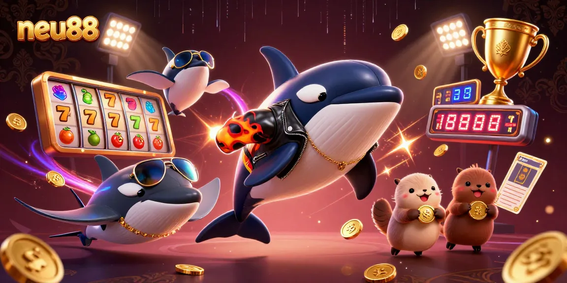 Experience thrilling gaming action with neu88 as a playful family of sea otters shines among vibrant slot reels.