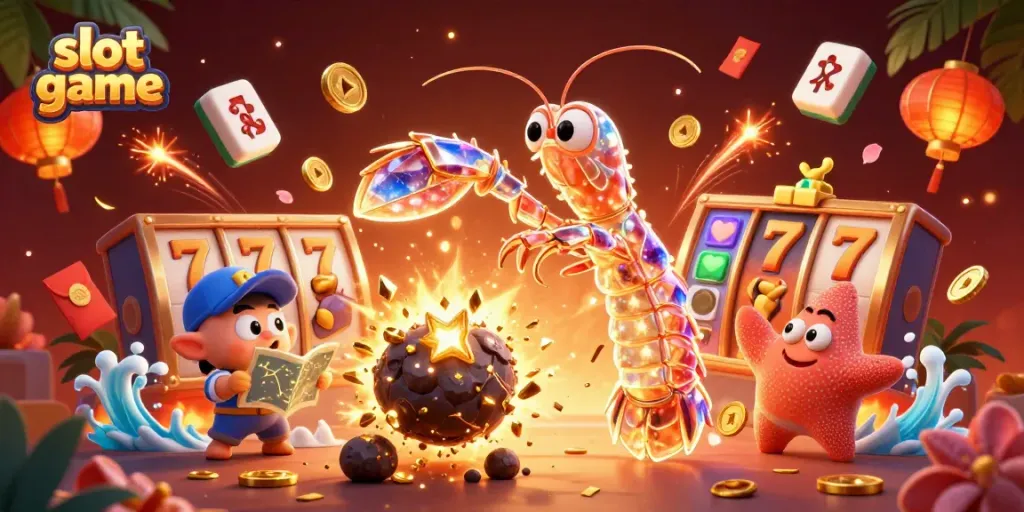 Engage in thrilling slot game action as a mantis shrimp battles asteroids for golden treasure.