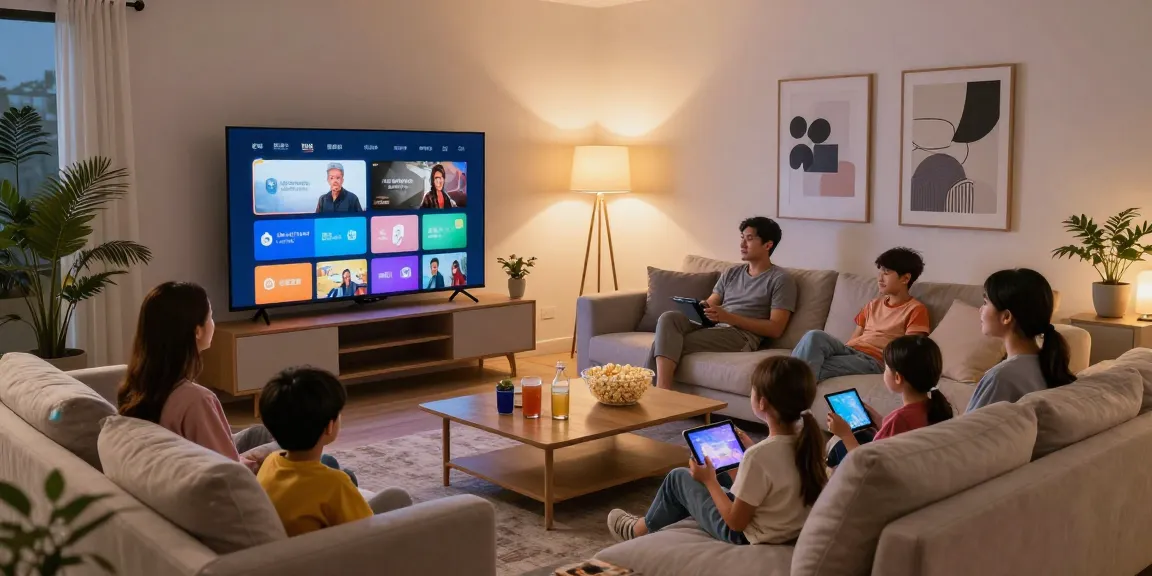 Best IPTV Ireland scene with family enjoying streaming on a modern TV, showcasing cozy home entertainment.