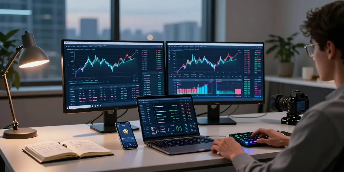 Cricbet99 trading workspace featuring cryptocurrency charts and a DeFi platform on multiple screens in a modern office.