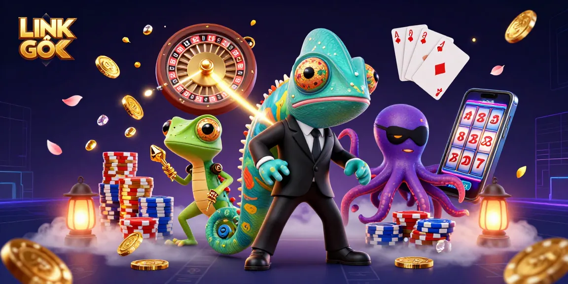 Experience exciting gaming opportunities with LINK GỐC in a vibrant casino scene filled with colorful characters and elements.
