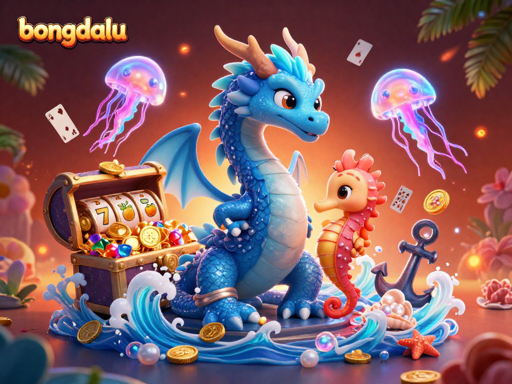 Engage in thrilling slots action with bongdalu's captivating cartoon illustration of underwater treasures and gaming elements.