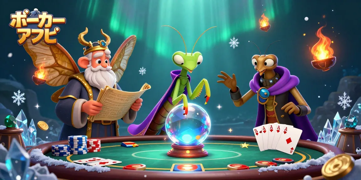 ポーカーアプリでの勝負を楽しむユニークなキャラクターたちが集う非常に詳細なイラスト。