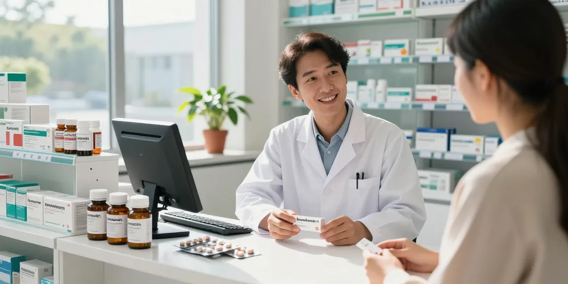 Ivermectin dosage for humans consultation in a modern pharmacy with pharmacist assisting a customer.