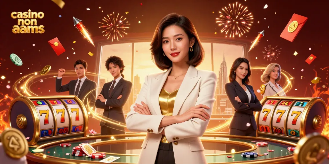 Scopri il brivido dei casino non aams con una scena glamour che presenta un'elegante donna che tiene delle carte tra elementi di gioco vibranti.