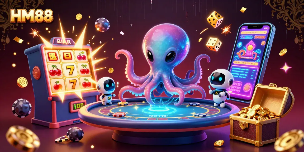 Engage with exciting games at HM88: intergalactic octopus presenting casino action with holographic poker tables.