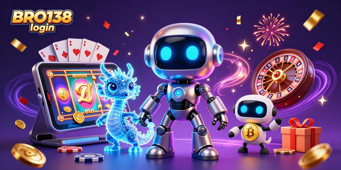 Experience the excitement of BRO138 login with a dynamic casino scene featuring vibrant slot games and characters.