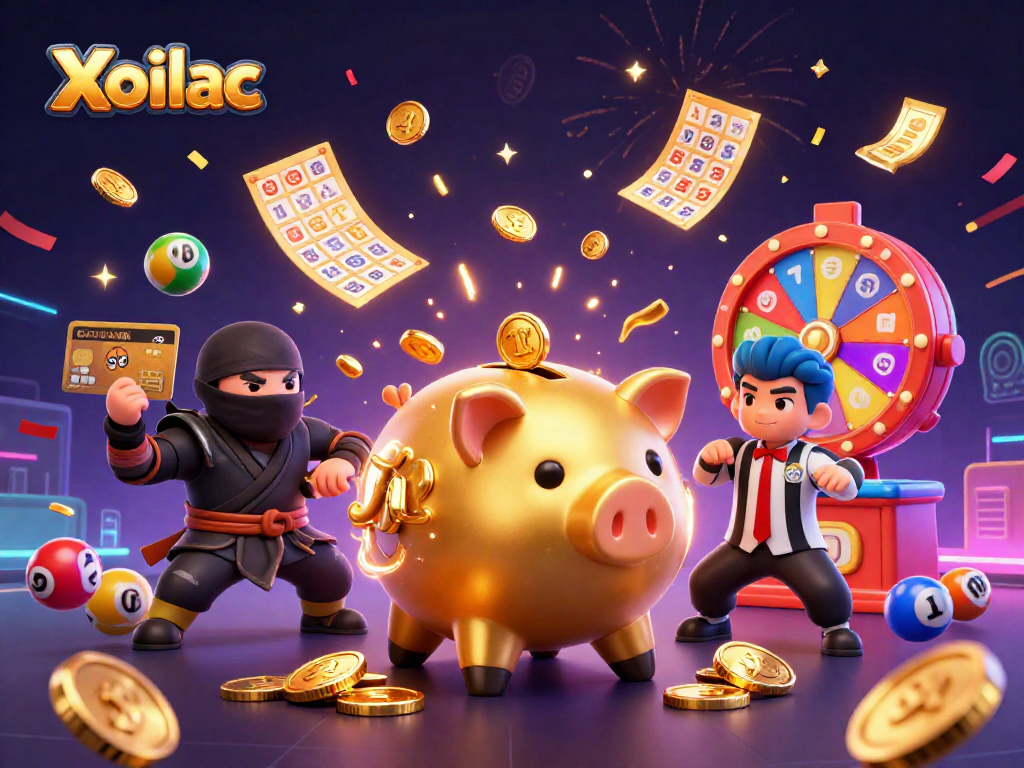 Xoilac's lively gambling scene shows a piggy bank sumo wrestler amidst colorful lottery elements and festive confetti.