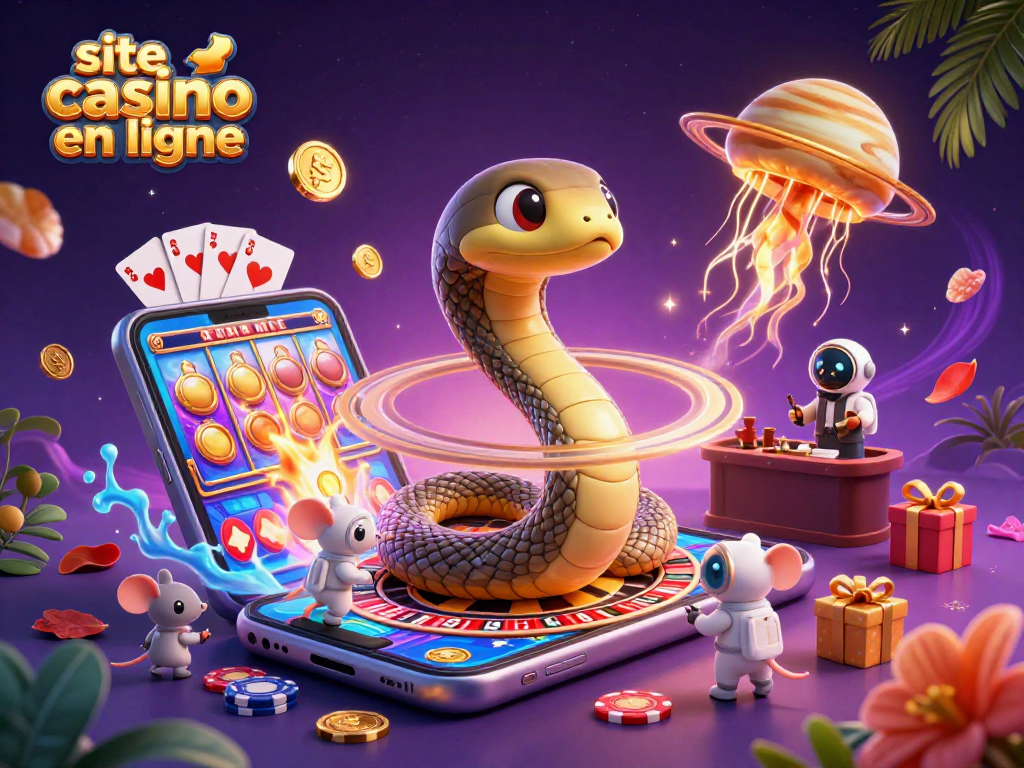 Site casino en ligne avec un serpent Saturne et des souris astronautes jouant aux jeux de casino dans l'espace.