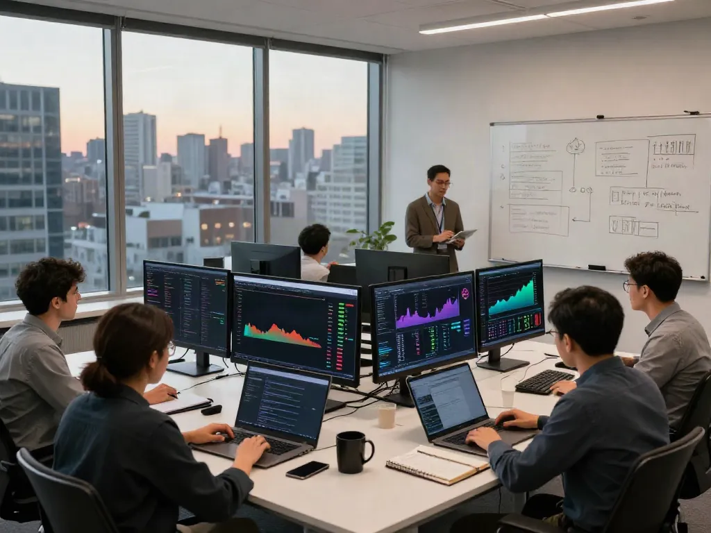 Options data API analysis in a modern finance office with real-time cryptocurrency charts.