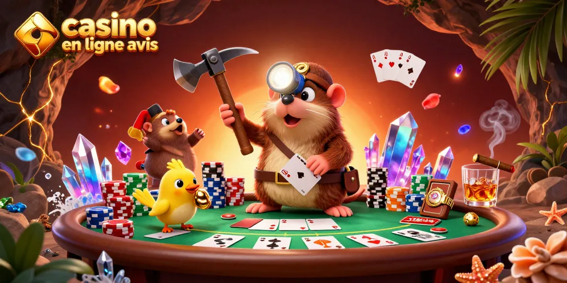 Obtenez l'avis sur le casino en ligne avec un mole chasseur de trésor entouré de jetons de poker et de cartes.