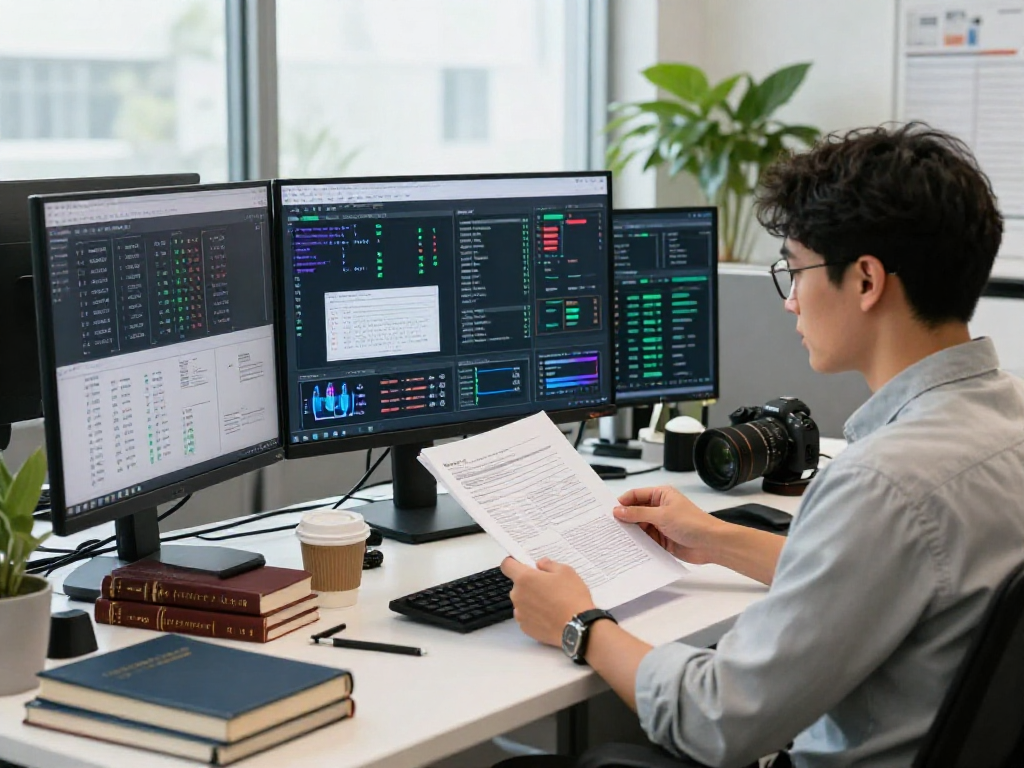 Data analyst performing document fraud detection analysis using advanced tools in a modern office environment.