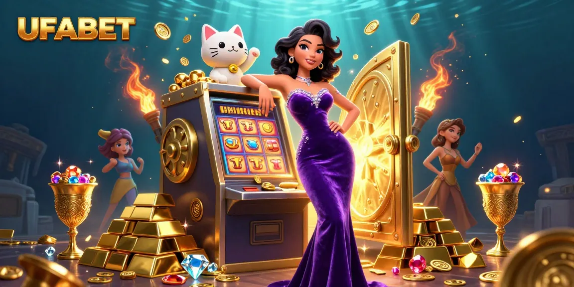 Players hitting jackpots at UFABET with vibrant casino elements and a fortune cat mascot.