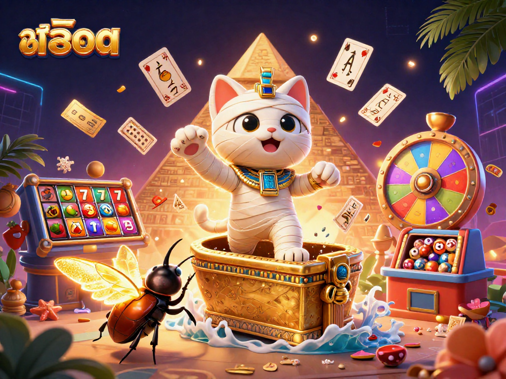 Experience the thrill of สล็อต with dynamic 3D illustration featuring a mummy cat and lively casino elements.